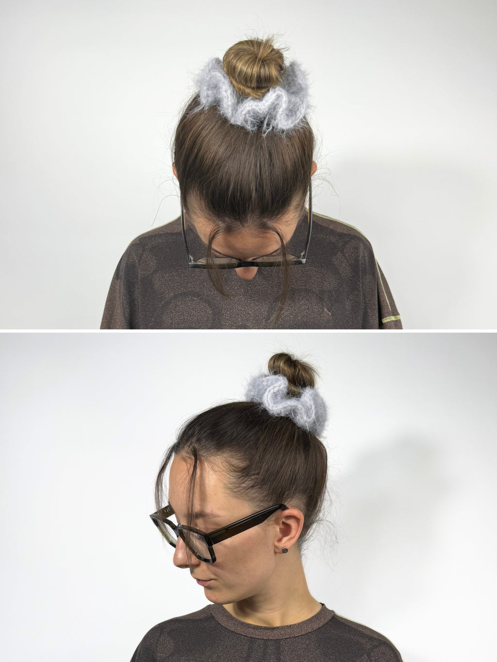 weicher fuzzy gehäkelter Haargummi aus Merino Mix in hellgrau | farbe:softgrey|typ:getragen
