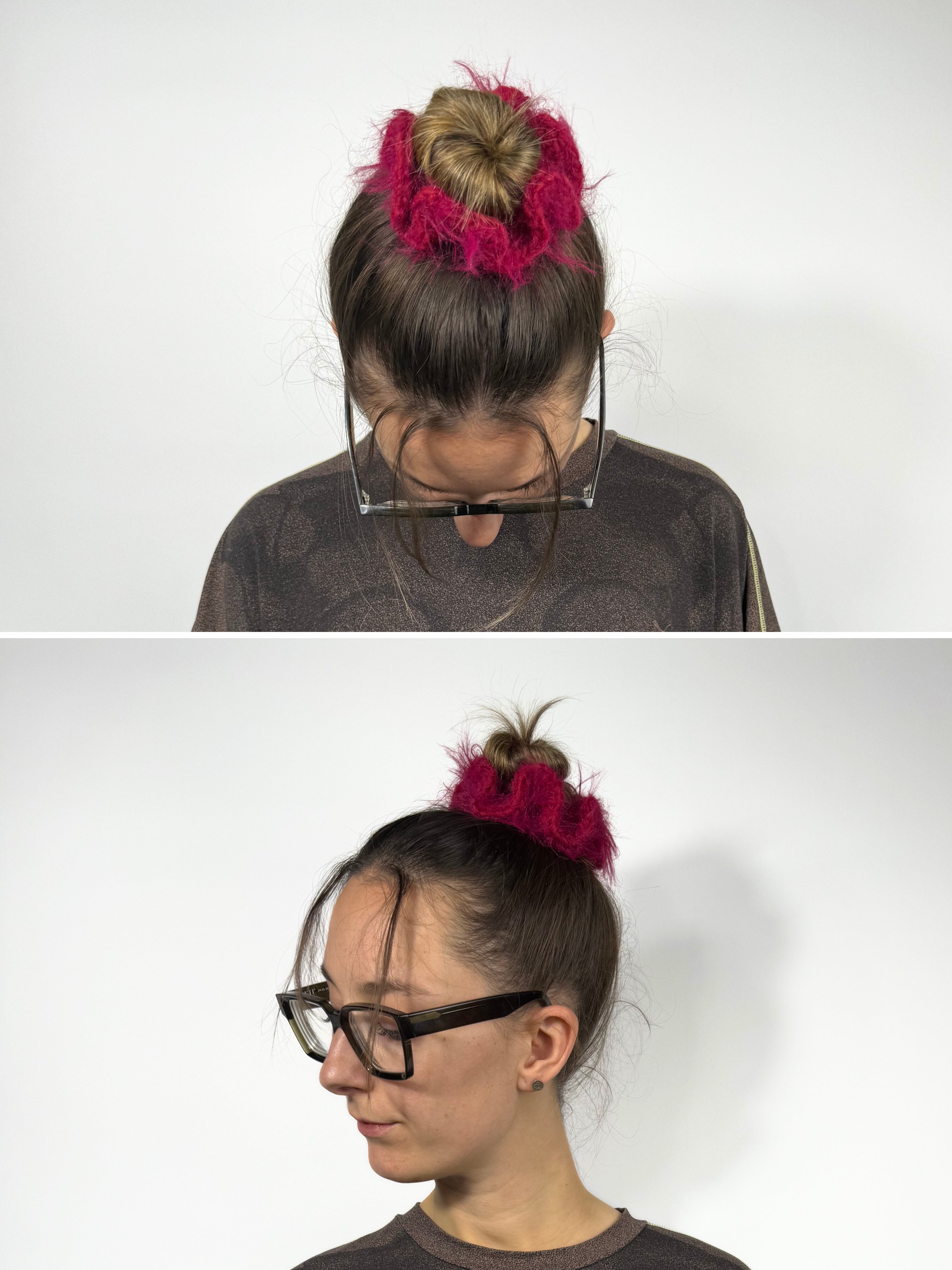 weicher fuzzy gehäkelter Haargummi aus Merino Mix in rubinrot | farbe:ruby|typ:getragen