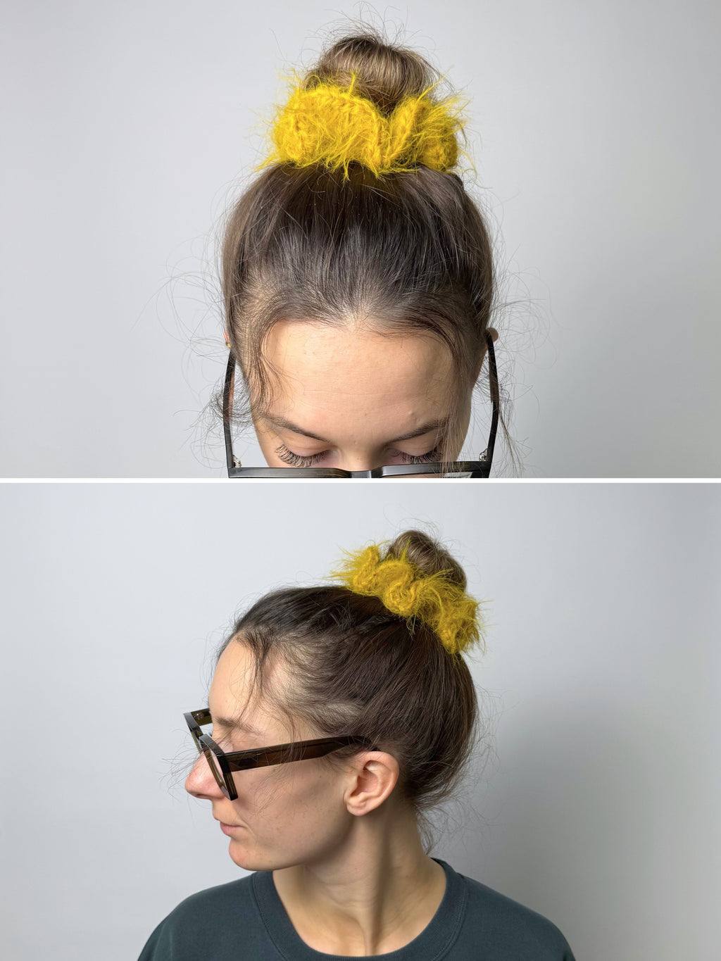 weicher fuzzy gehäkelter Haargummi aus Merino Mix in senffarben | farbe:mustard|typ:getragen