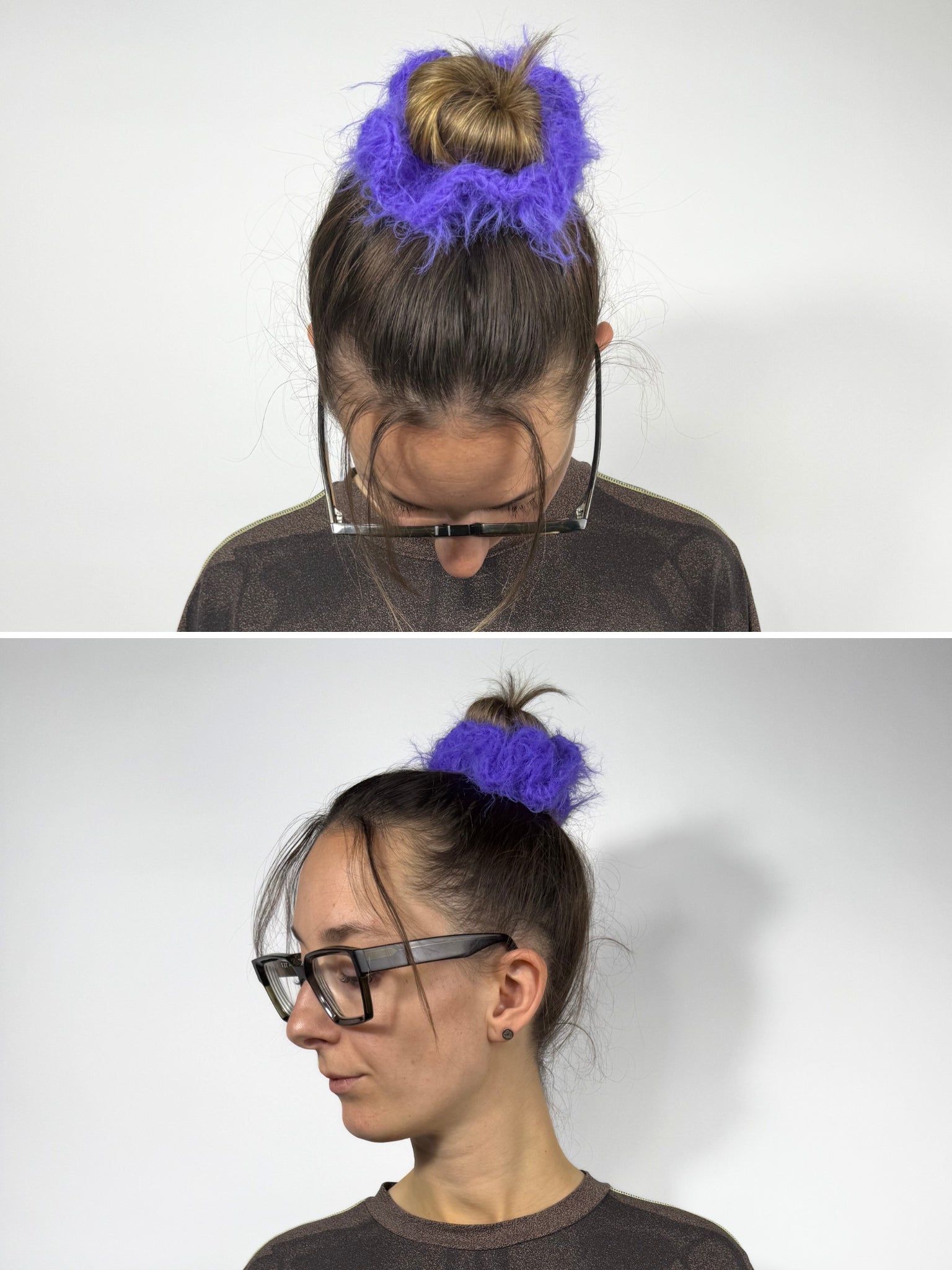 weicher fuzzy gehäkelter Haargummi aus Merino Mix in violett | farbe:lilac|typ:getragen