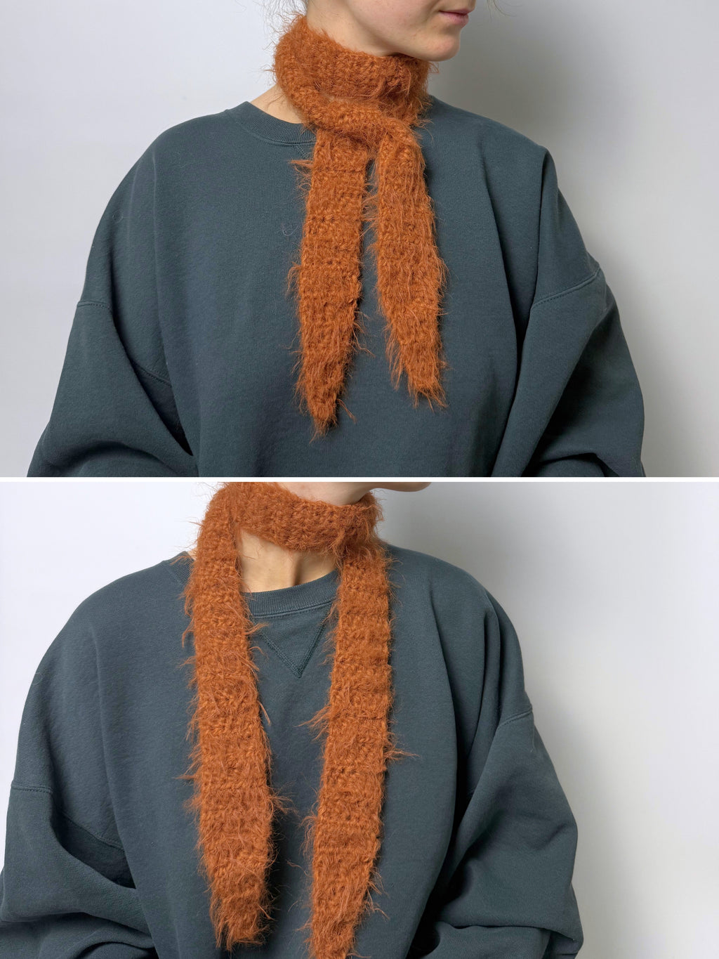 weicher fuzzy gehäkelter Sophie Scarf aus Merino Mix in hellbraun | farbe:caramel|typ:getragen