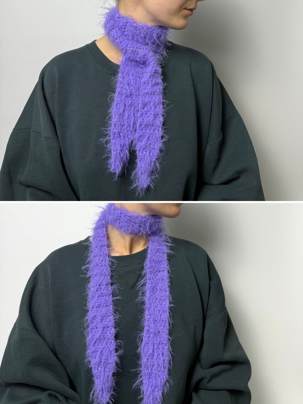 weicher fuzzy gehäkelter Sophie Scarf aus Merino Mix in hellviolett | farbe:lavendel|typ:getragen