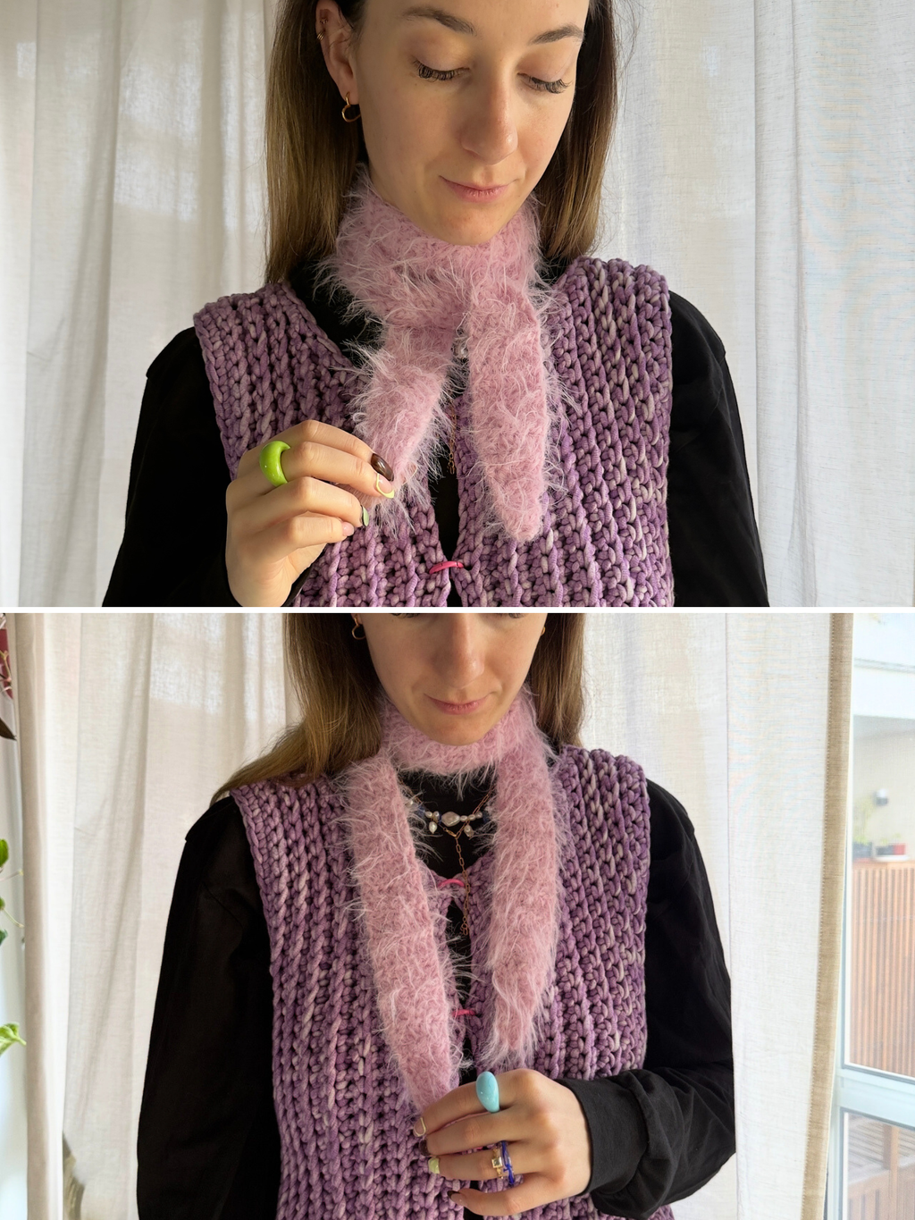 weicher fuzzy gehäkelter Sophie Scarf aus Merino Mix in rosa | farbe:rose|typ:getragen