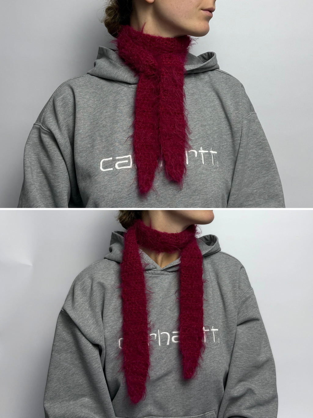 weicher fuzzy gehäkelter Sophie Scarf aus Merino Mix in rubinrot | farbe:ruby|typ:getragen