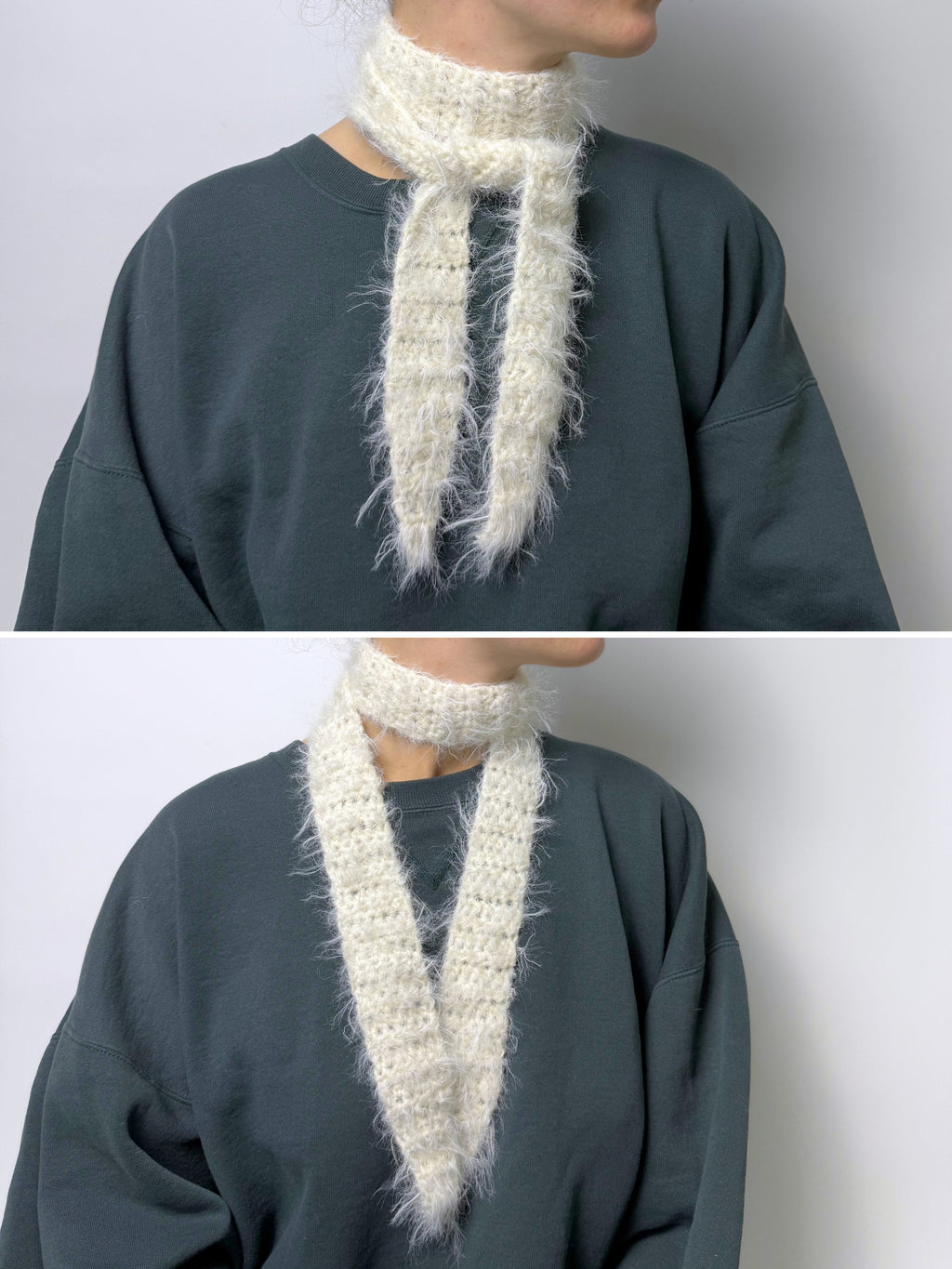 weicher fuzzy gehäkelter Sophie Scarf aus Merino Mix in weiß | farbe:offwhite|typ:getragen