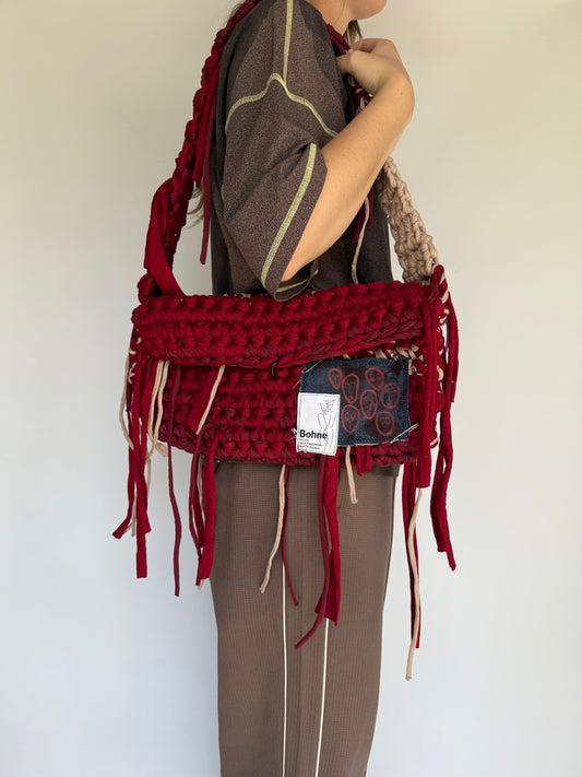 Crochet B-BAG aus recyceltem T-Shirt-Garn | rot, beige