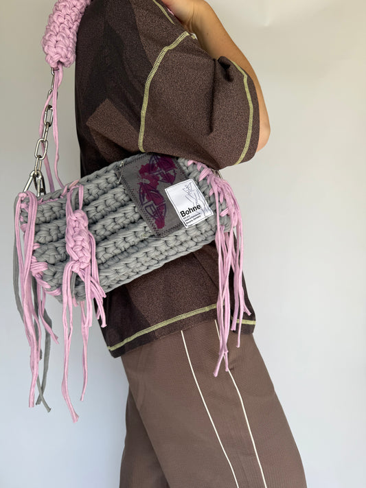 Crochet B-BAG aus recyceltem T-Shirt-Garn | pink, grau