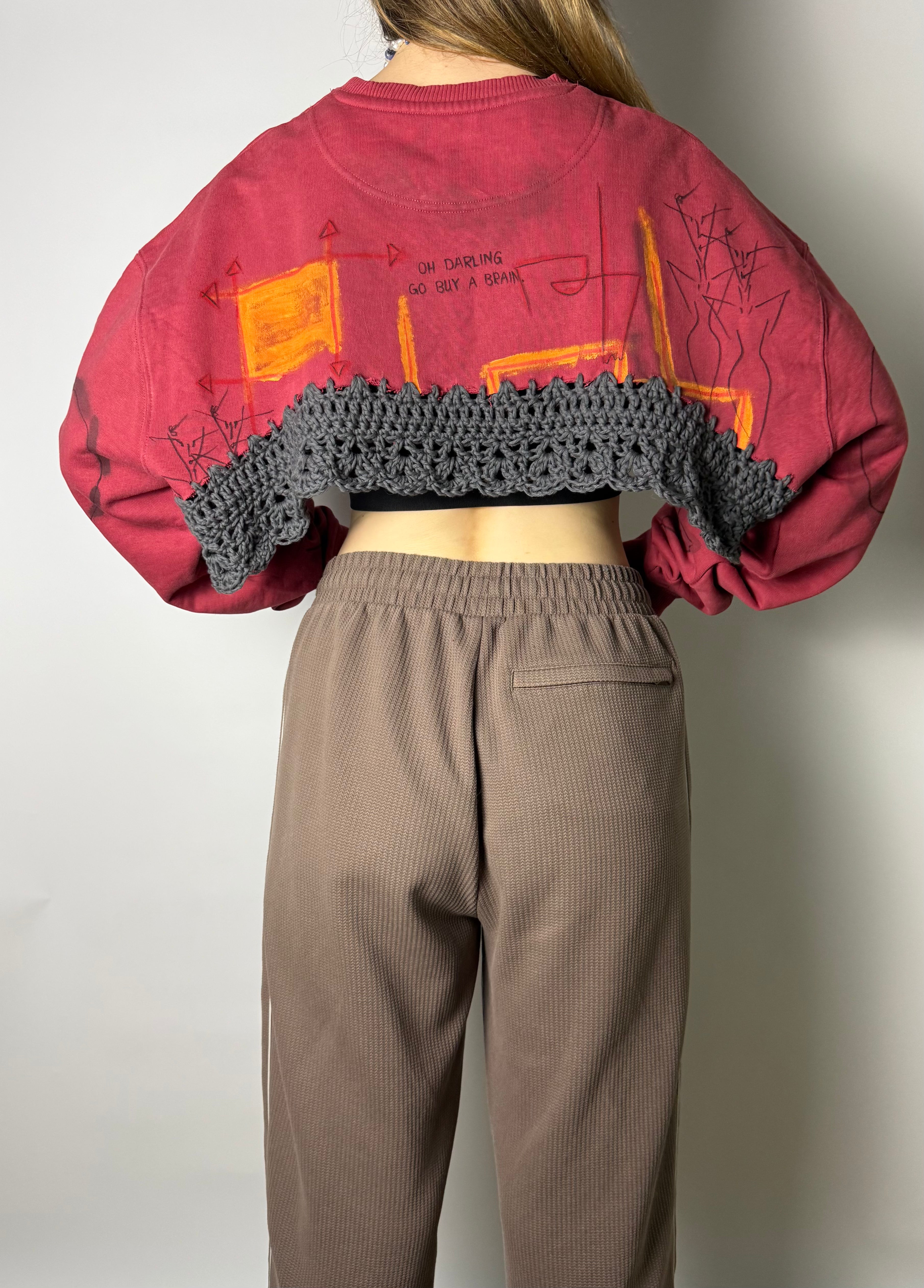 Upcycling Artwear Cropped Sweatshirt | Terrakotta / Orange-Rot – L