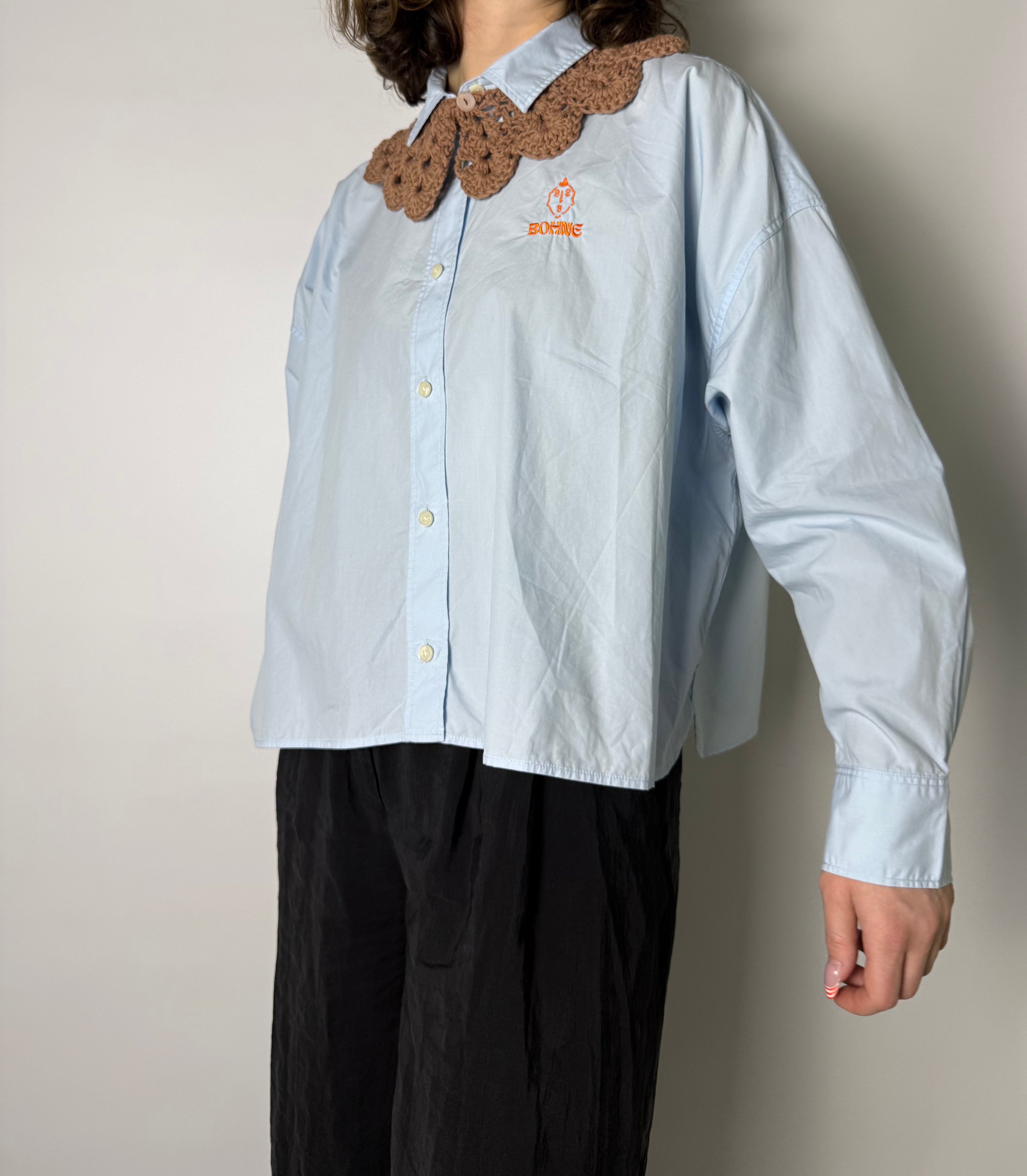 Crochet Kollektion | Baumwoll Kragen Hemd | Blau