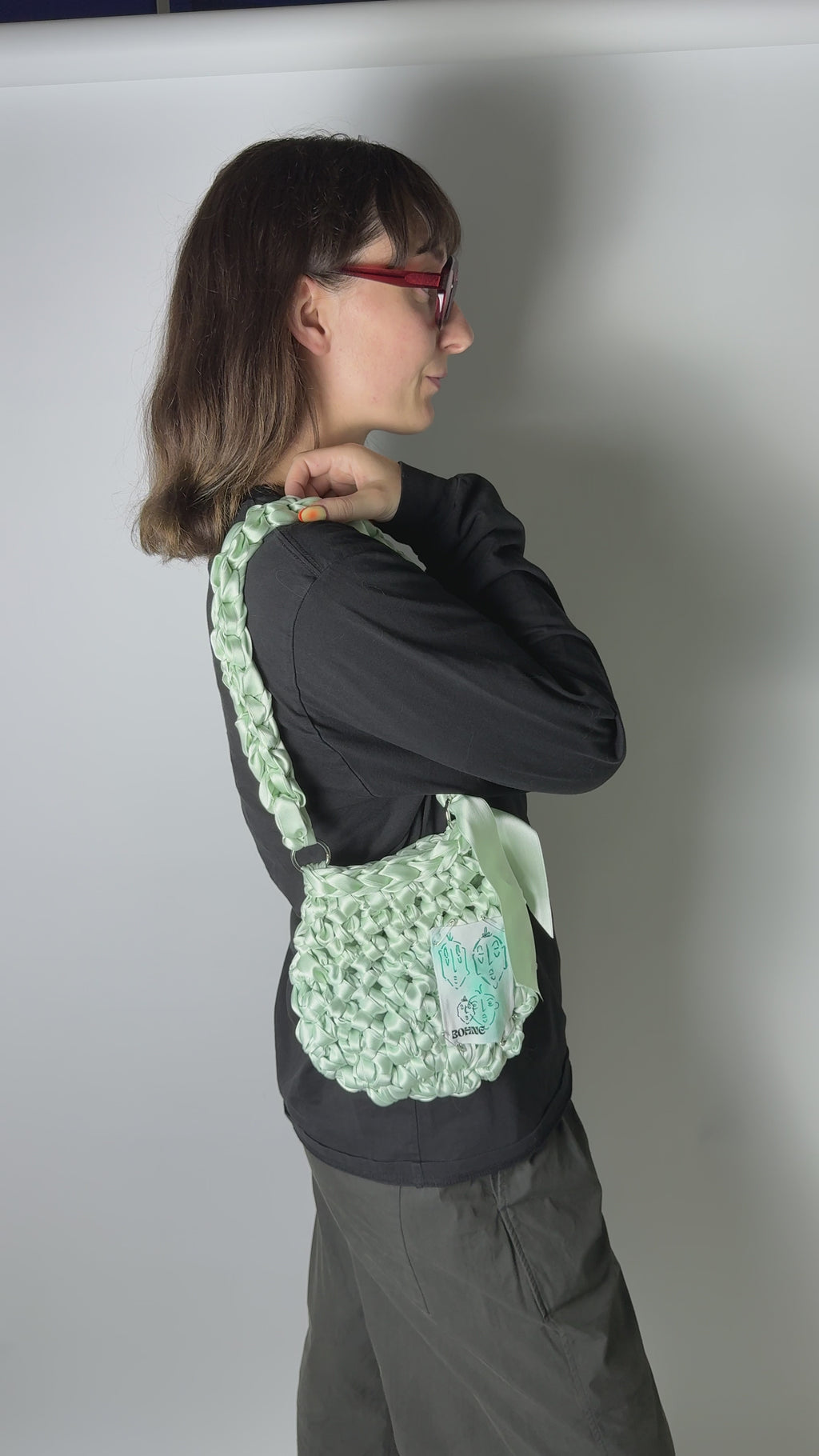 RIBBON Mint | Handgehäkelte Tasche aus Satinband